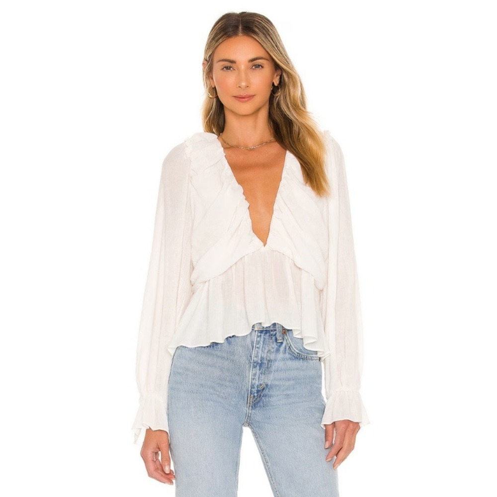 Free People Daia Top Ruffle V-Neck Peplum Blouse Size Medium White NWT